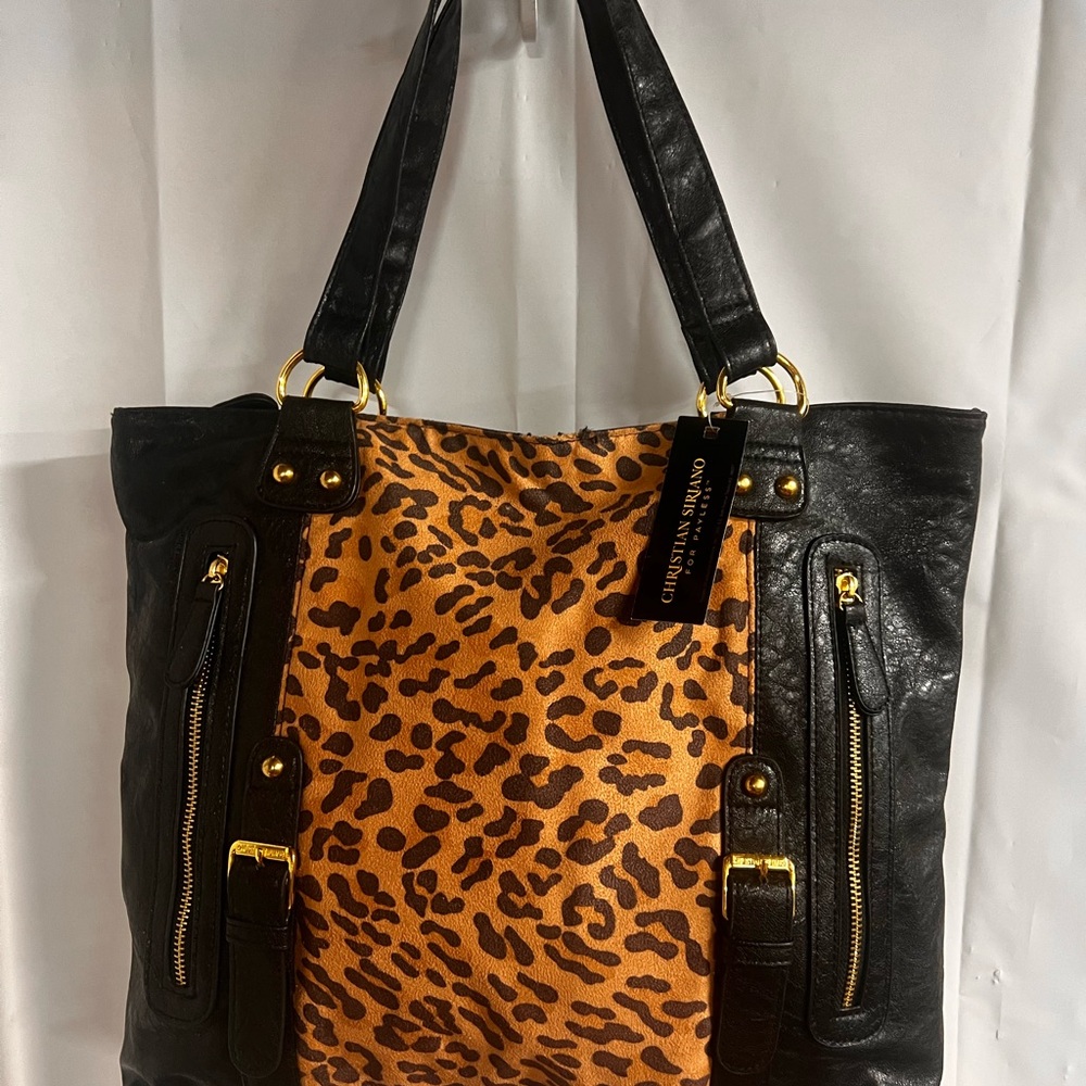Christian Siriano Black and Tan Leopard Tote